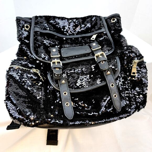 Black Sequined Leather Backpack Zippers Rivets Snaps Buckles Large Shiny Wow main image 4